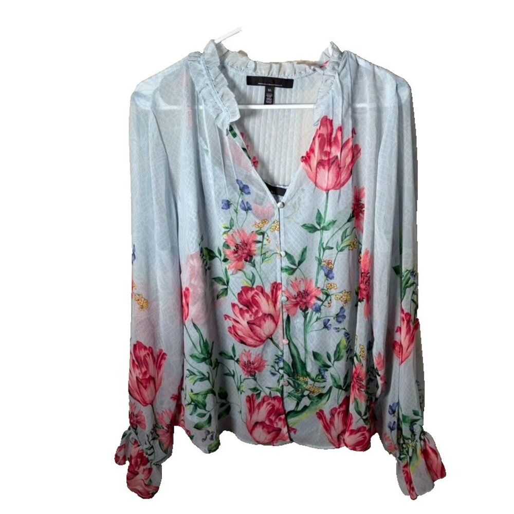 White House Black Market Blouse Women's XL Floral Blue Sheer Cami Button Up Top